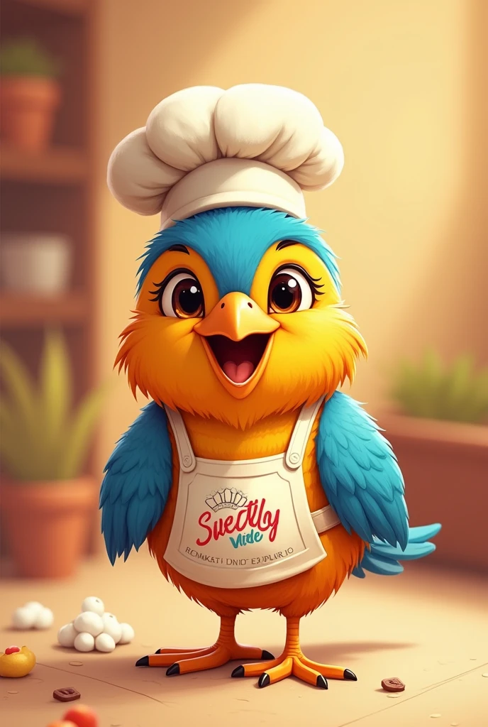 Name: "sweetly, The Little Bird"
Description: A colorful bird that represents the joy and sweetness of Colombian desserts. He is wearing a little chef&#39;s apron and a cooking hat.. He is friendly and always ready to share recipes and smiles with visitors.. cartoonish