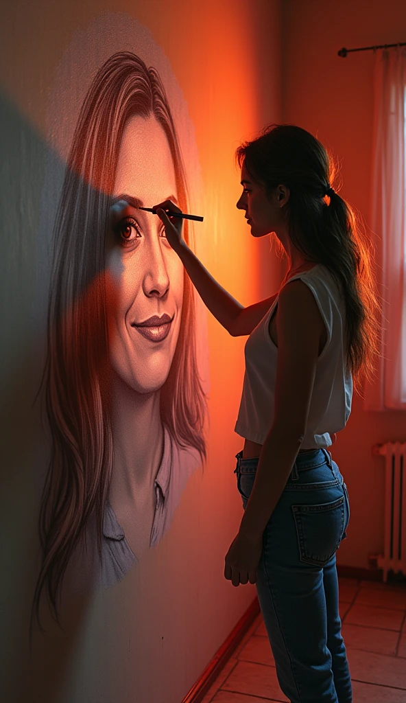 Beautiful girl in jeans and barefoot, chalking her mother's face on the wall, great image, dramatic lighting, great color tones, cinematic, (Best quality, very detailed work, (realistic, photorealistic, realistic: 1.37)dramatic lighting, cinematic composition, fiery lighting like a sunset