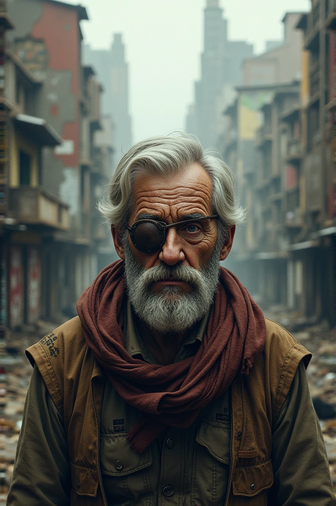 An old man with a mustache and one eye covered by an eye patch and in the background large slums