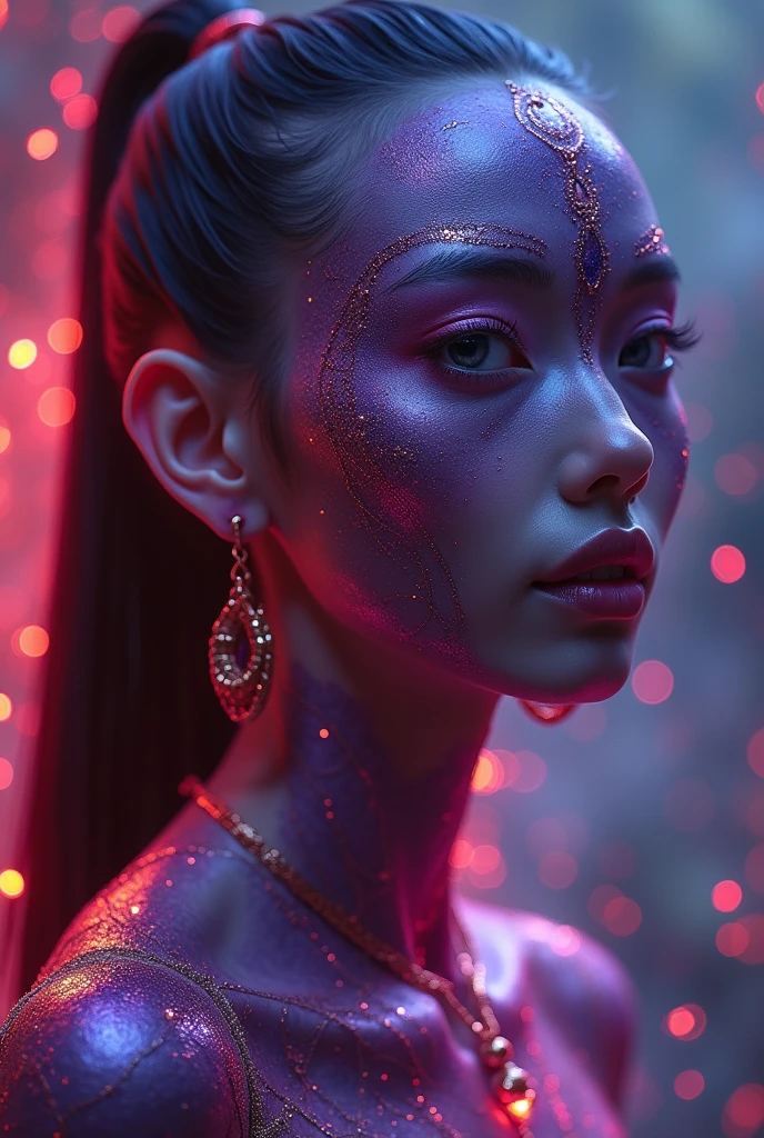In this captivating, photo, an otherworldly Southeast Asian-inspired alien being exudes mesmerizing beauty with her striking purple and red iridescent skin, capturing the viewer's attention. Her subtle grey eyes hold an enchanting depth, and her knowing smile reveals secrets of the universe. The alien's melodic voice flows like silk, creating a sense of revelation. With an elegant and powerful presence, she displays fluid, gravity-defying movements, leaving trails of luminescence behind. In her presence, one feels a profound connection to the universe, as if she is vibrant portrait photography