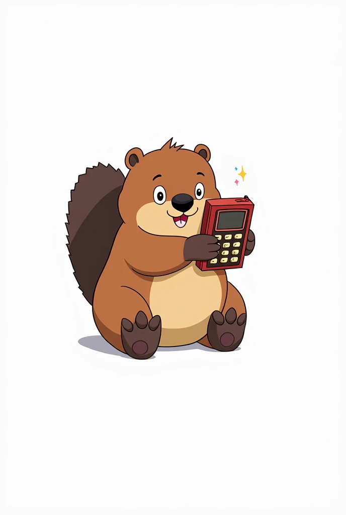 A beaver holding an old cell phone. In his hands an old brick model cell phone. Castor adorable, (masterpiece:1.2, Best Quality), (Very detailed), perfect anime illustration, bright, warm, showy, ghibli style. Old phone in his hands
