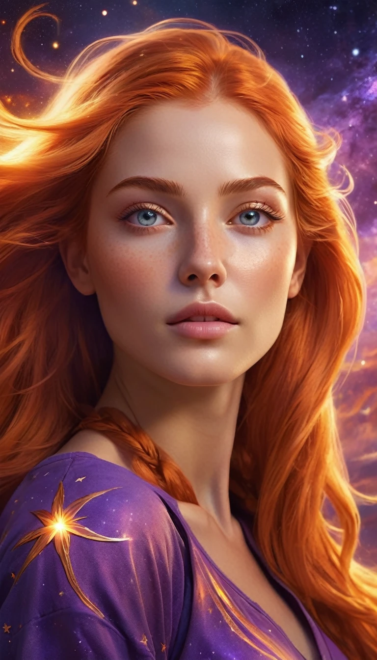Serene woman, long sunset orange hair merging into cosmic flames, symbolizes Sagittarius, confident and adventurous expression, soft luminous skin, cosmic sky background, vibrant purple and orange tones with shooting stars, mystical atmosphere, eyes with a powerful, exploratory glow, hidden strength, freedom, orange and purple tones in clothing, and golden light illumination, 4K digital artwork, ultra-realistic, high definition.
