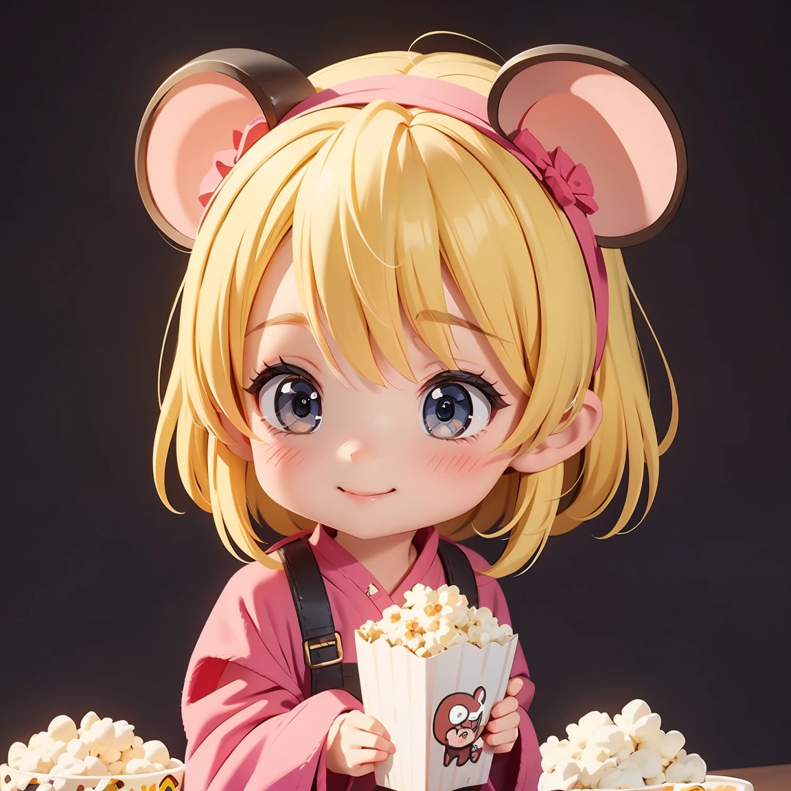 Super Chibi Character:1.8、Blonde Hair、Cute girl、Cute Costumes、Super Chibi Character:1.8、Super Smile、Wearing a mouse ear headband、Have popcorn