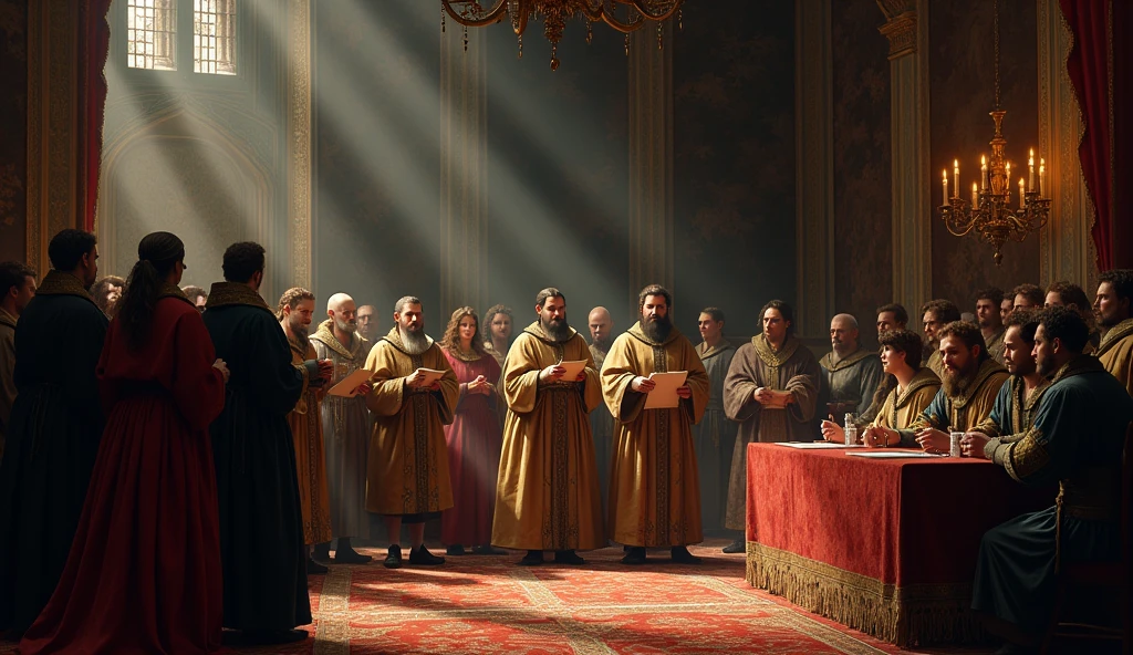 A dramatic illustration capturing the tense moment when Edward III's envoys present their demands at the French court. The scene is set in a grand, dimly lit hall, with intricate Gothic architecture and flickering torches casting long shadows. Edward III's emissaries, in ornate medieval attire, stand at the center, holding documents and gesturing emphatically. Opposite them, King Philip VI and his counsel are seated on an elevated dais, their expressions a mix of skepticism and irritation. The backdrop features richly detailed tapestries and a heavy atmosphere of intrigue. The lighting enhances the contrast between the resolute emissaries and the skeptical French court, reflecting the escalating tension of the diplomatic confrontation. This composition, inspired by Edmund Blair Leighton’s evocative style, emphasizes the gravity and drama of the negotiation, capturing the essence of the looming conflict., Surrealism, Hyperrealism, UHD, retina, masterpiece, accurate, anatomically correct, textured skin, super detail, 16k