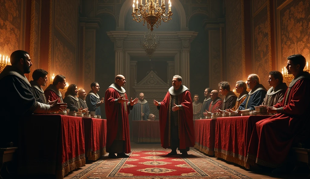 A dramatic illustration capturing the tense moment when Edward III's envoys present their demands at the French court. The scene is set in a grand, dimly lit hall, with intricate Gothic architecture and flickering torches casting long shadows. Edward III's emissaries, in ornate medieval attire, stand at the center, holding documents and gesturing emphatically. Opposite them, King Philip VI and his counsel are seated on an elevated dais, their expressions a mix of skepticism and irritation. The backdrop features richly detailed tapestries and a heavy atmosphere of intrigue. The lighting enhances the contrast between the resolute emissaries and the skeptical French court, reflecting the escalating tension of the diplomatic confrontation. This composition, inspired by Edmund Blair Leighton’s evocative style, emphasizes the gravity and drama of the negotiation, capturing the essence of the looming conflict., Surrealism, Hyperrealism, UHD, retina, masterpiece, accurate, anatomically correct, textured skin, super detail, 16k