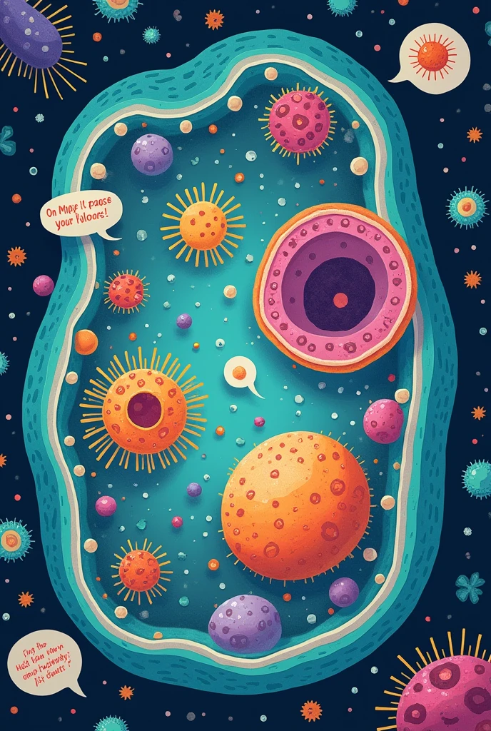 Small speech bubbles near the organelles, with comments like:
- "See how similar they are to the original bacteria!"
- "How wonderful how we all work together now!"