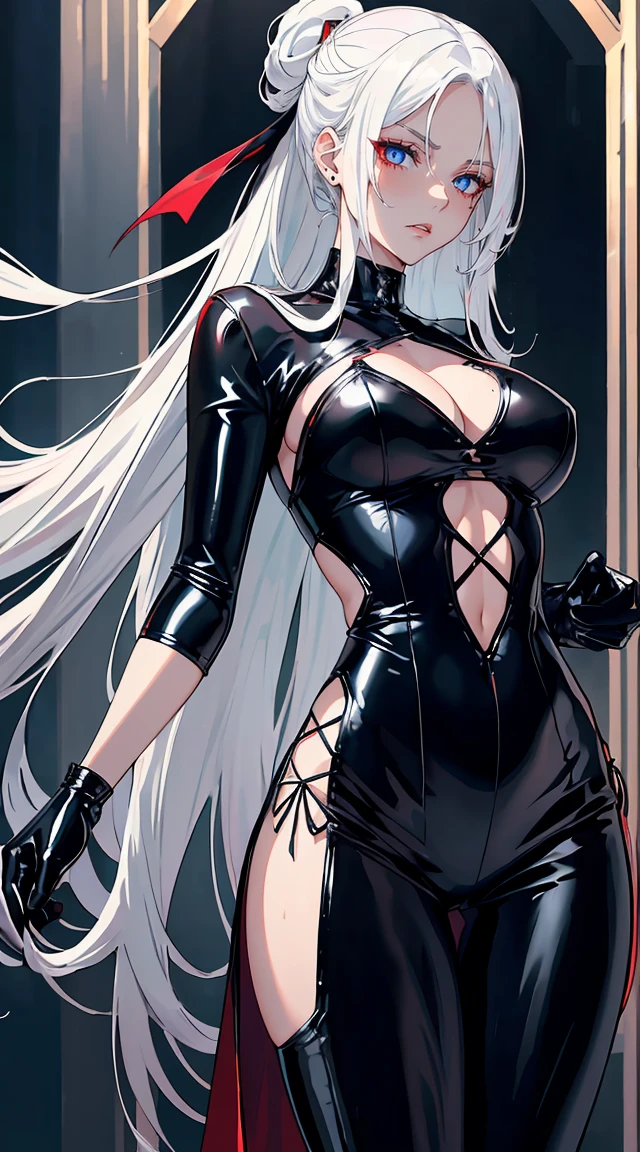 Long white hair, blue eyes, evil, sexy, black and red clothes, evil face, evil, gloss lips, sinister, front look, bloody, gloves, close up, portrait, beautiful eyes, big white, dark place, night, sensual, straight hair cut, clear skin, evil, young 30 years girl, adult girl, solo, red, very long hair, ankle length hair, handsome older WOMAN,wolf-eyes,crimson pupils,Long white hair,Hyperresolution,accuracy,Detailed rendering,(Image of fine hair)(topquality)(Masterpieces of masters)(High degree of completeness)(A sense of atmosphere)tmasterpiece,Super detailed and super detailed(((full-body)))(((Sexy black loose latex outfit)))(((Soft expression)))(((ankle length white hair tied back)))