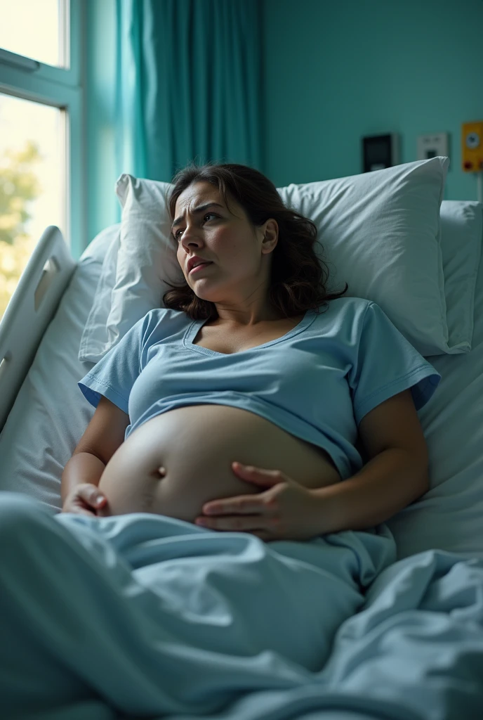 Create a pregnant woman in the hospital room, in a bed, stricken affection, sad and worried, looking at your belly. Around is the worried nurse.