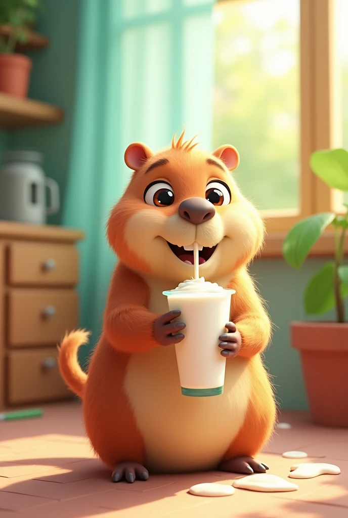 adorable capybara in animated form drinking yogurt