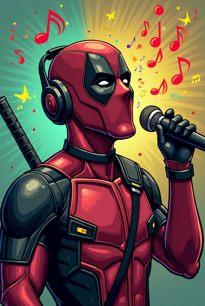 Deadpool with the symbol of lucky Trevor green, five star yellow and music symbol Blue Lucky. Singing karaoke . With headphones , half Deadpool half human man, complete body By: Sam Oca