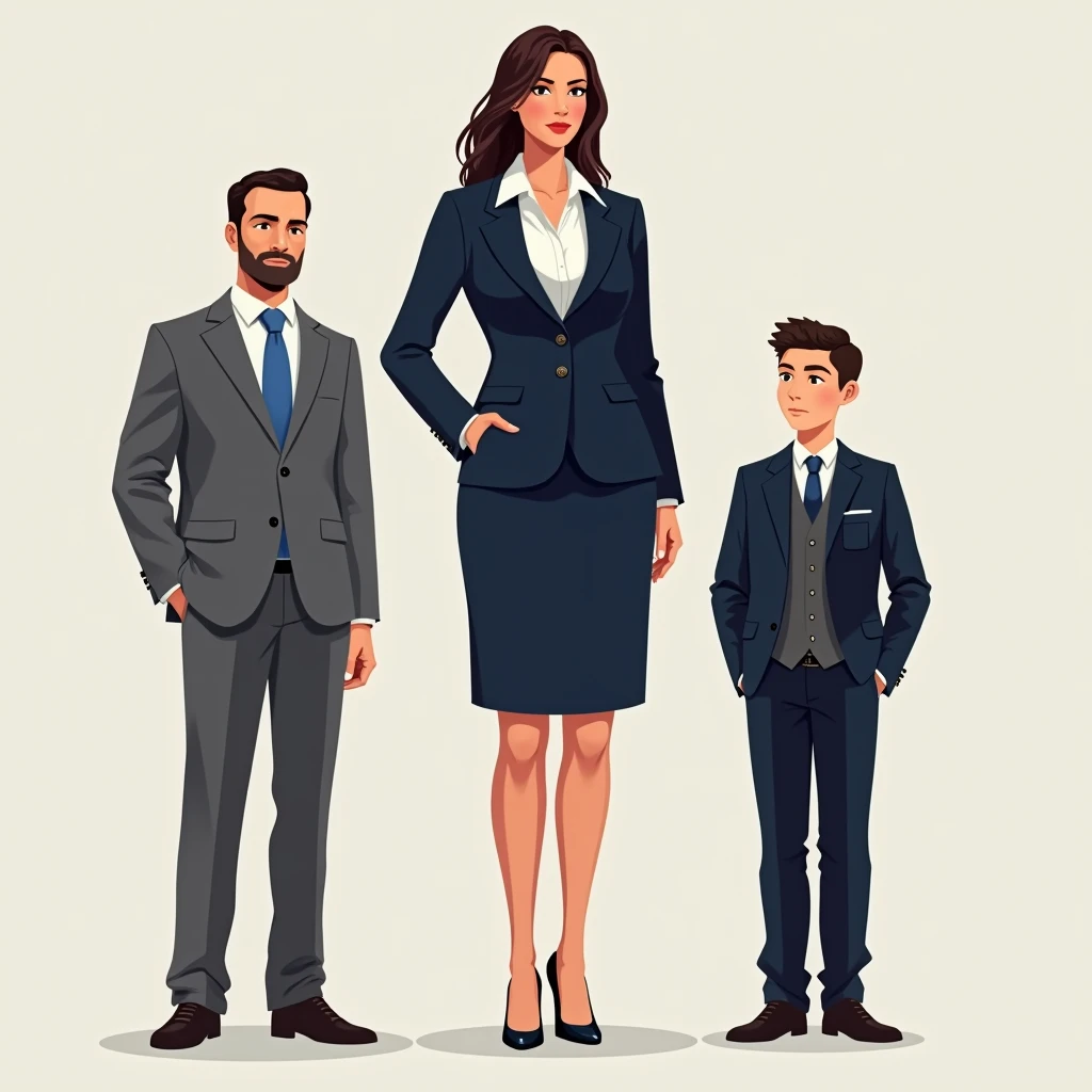 Create a hyper-realistic illustration of three individuals standing side by side. In the center is a woman who is 8 feet tall, wearing a navy blue business suit with a white shirt, standing straight and confident with her hands by her sides. To her left is a man who is 6 feet tall, wearing a gray business suit and a blue tie, standing straight with one hand in his pocket. To her right is a young boy who is 4 feet tall, dressed in a black suit with a vest and tie, standing with his hands in his pockets. The image should emphasize the significant height differences and the professional attire of each person, capturing a formal and poised tone.