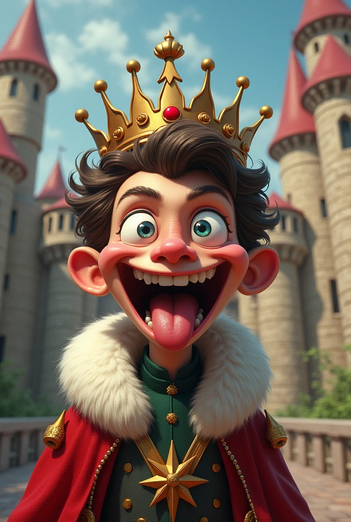 crazy king, Youngh, with crown, cross-eyed, cloused mouth, tongue sticking out, castle in the background