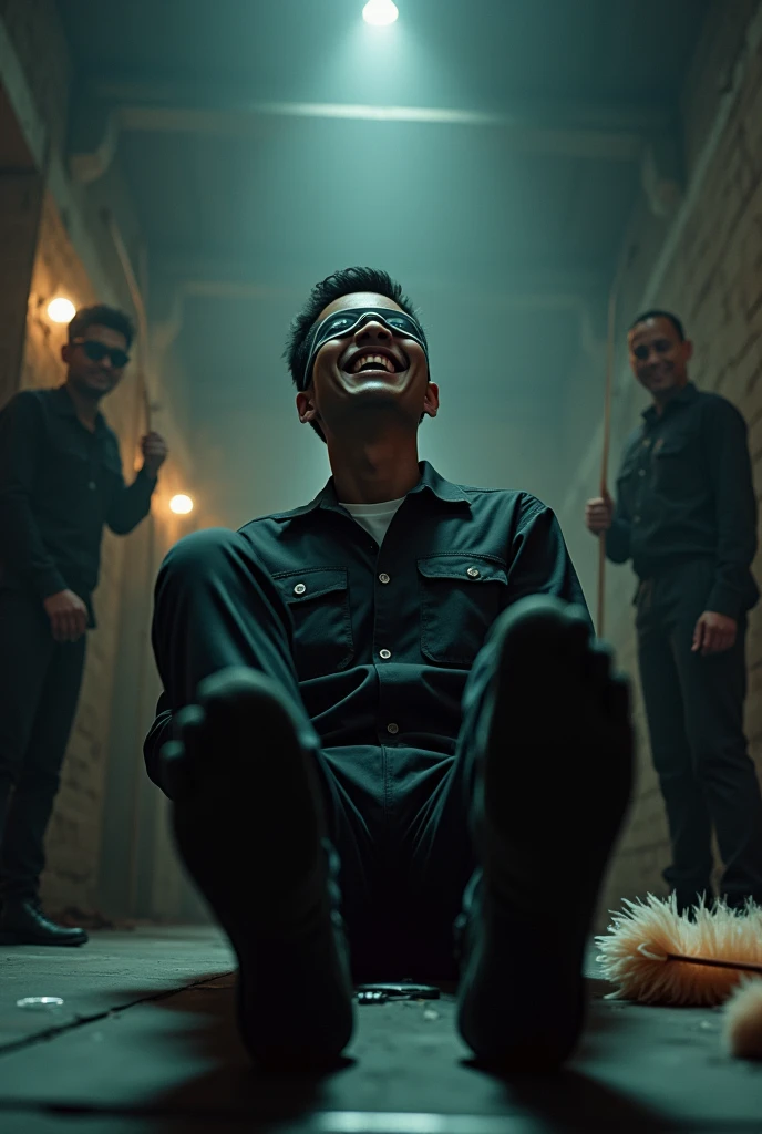 Malaysia malay handsome  19 years student 
He laugh very hard
His hand handcuff in  abondon warehouse 
Blindfolded
handcuff
Black Work Outfit
feet on desk
feather duster on desk
Take off shoes on desk 
Black sock  
2 man holding feather duster 

