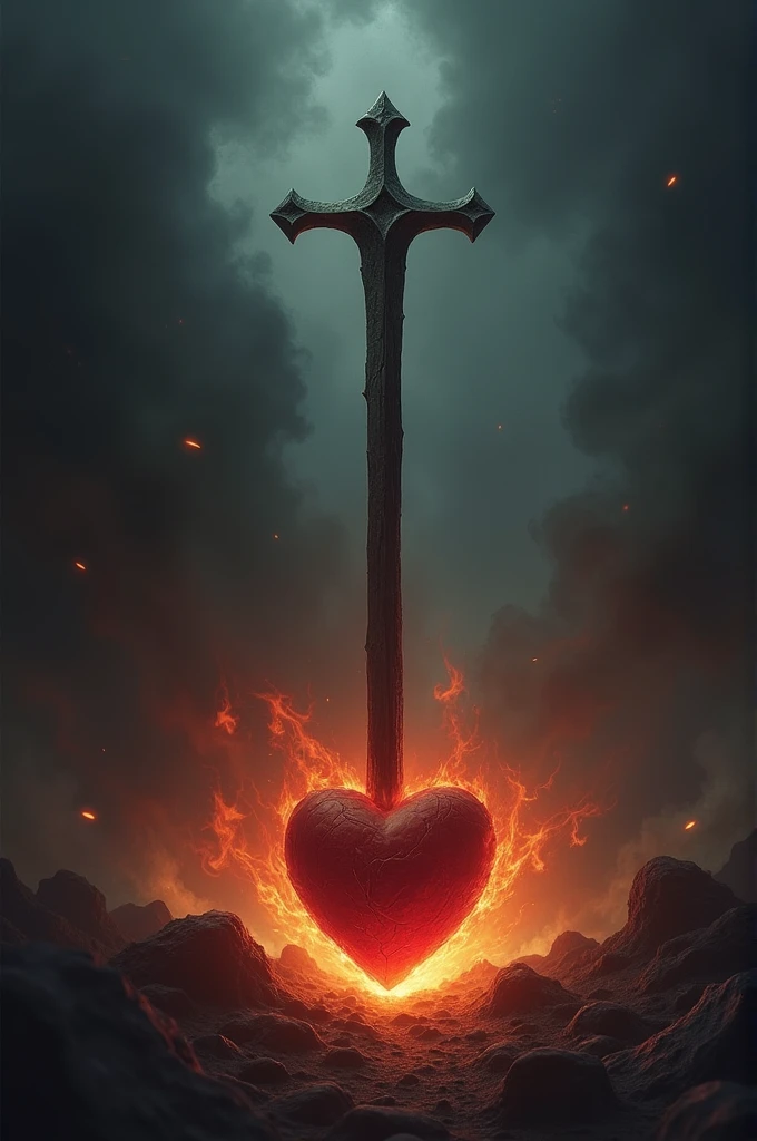 Draw a wooden stake pointing towards a heart surrounded by dark shadows or flames, symbolizing evil being eradicated by the force of good.