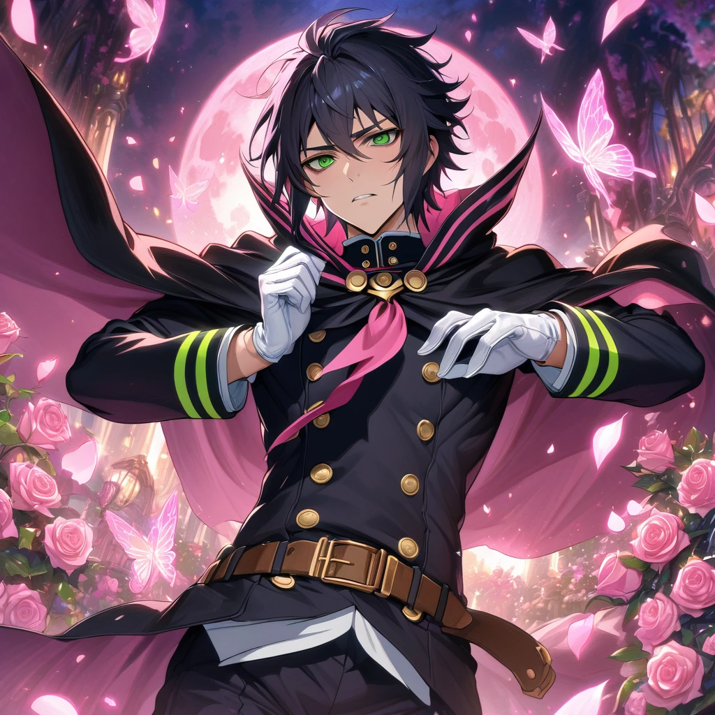 absurdres, highres, ultra detailed, HDR, masterpiece, extremely detailed, detailed eyes, detailed face, Hyakuya Yuuichirou, black hair, expressive green eyes, Owari No Seraph, solo, sexy man, adult face, mature man, handsome, black clothes, black cape, white gloves, long sleeves, brown belt, pink roses, pink petals, fantasy, magical, pink moon, pink glittering butterflies, pink round lights