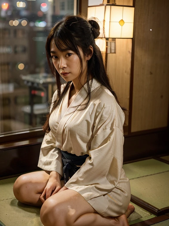 photorealistic, solo, beautiful Japan woman, half-opened minimalist traditional kimono, natural figure, soft smile, impressive gaze, traditional messy long hairstyle, Japanese room at dusk, sitting by the window, illuminated by city lights, (attractive pose), professional photographer, shallow depth of field, backlit, detail skin texture , perfect sexy figure , realistic:1.3