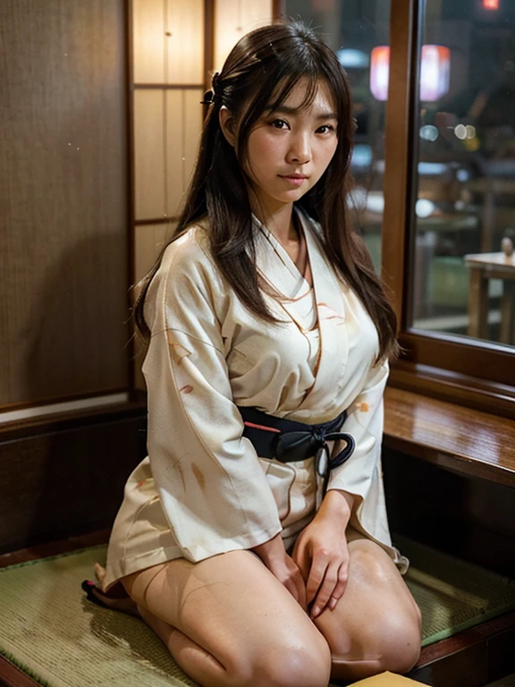 photorealistic, solo, beautiful Japan woman, half-opened minimalist traditional kimono, natural figure, soft smile, impressive gaze, traditional messy long hairstyle, Japanese room at dusk, sitting by the window, illuminated by city lights, (attractive pose), professional photographer, shallow depth of field, backlit, detail skin texture , perfect sexy figure , realistic:1.3