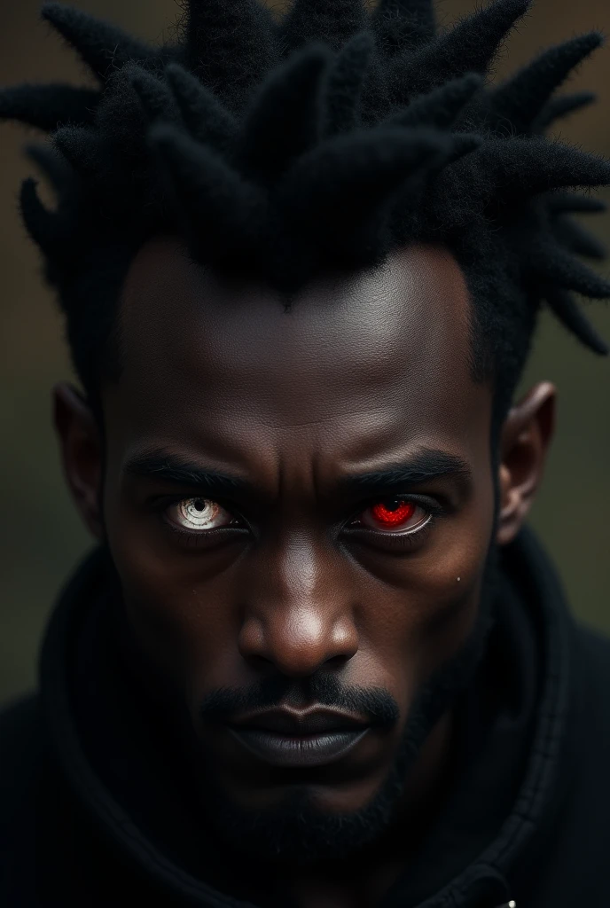 A dark-skinned man with spiky black hair with one white eye and one red eye