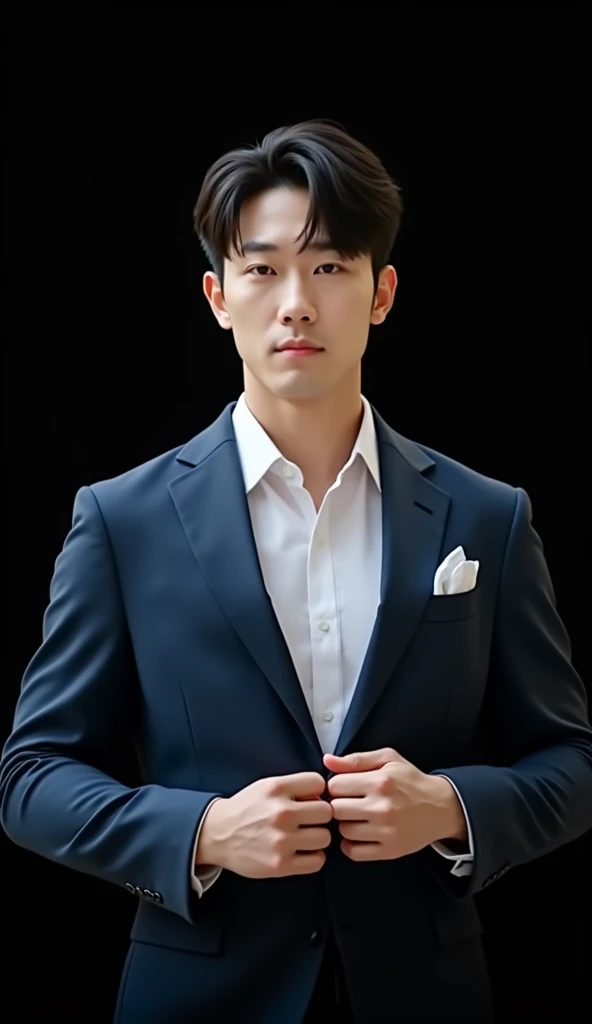 30-year-old Asian Korean-Chinese man,black short hair,Sharp eyes,Alluring and dreamy,Muscular body,Have muscles,Standing naked,On the rocks,In the middle of the waterfall,There is a waterfall flowing down.,sexy.