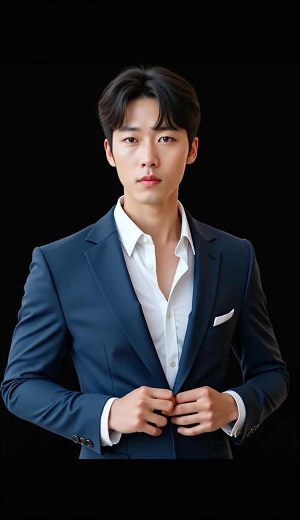 30-year-old Asian Korean-Chinese man,black short hair,Sharp eyes,Alluring and dreamy,Muscular body,Have muscles,Standing naked,On the rocks,In the middle of the waterfall,There is a waterfall flowing down.,sexy.
