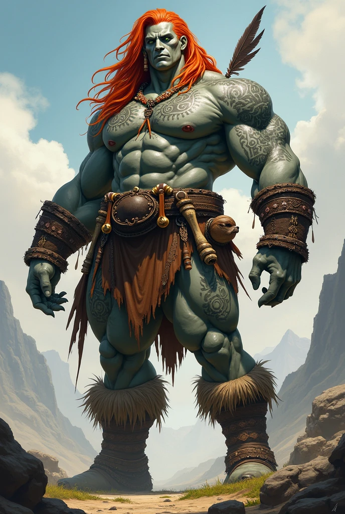 Create a highly detailed character illustration of "Itzanma," a towering and muscular Goliath standing nearly 2.5 meters tall. Her presence is both imposing and proud, with jade-green eyes that convey a deep sense of confidence. Her skin is a typical gray of her race, resembling stone, with darker streaks that add to her rugged appearance. She has fiery red hair and wears a mix of tribal and modern attire.

On one ear, she has bone earrings, while a feather adorns the other. Around her neck is a leather collar, and her biceps are wrapped with leather rings. Her upper body is clad in a tight, tanned leather top, and she wears leather pants that match. A wide belt secures a dagger, a pouch, and various tools at her waist. Her feet are protected by a large pair of sturdy boots.

Itzanma's body is marked with significant tattoos: a bear paw over her heart, a swirling vortex on the palm of her right hand, and a sun on the back of her left hand. She also wears a modern-style blue leather coat, draped over her broad shoulders. Strapped to her back is an enormous, curved obsidian greatsword, wrapped in various bindings.

The character should be depicted in a powerful stance, exuding strength and confidence, with the environment complementing her tribal yet modern aesthetic.