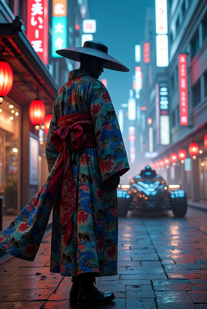 Japanese traditional clothing, Katsushika Hokusai Style, (cyber punk) (neon), Lantern, Western-style building, Steam car, Ukiyo-e