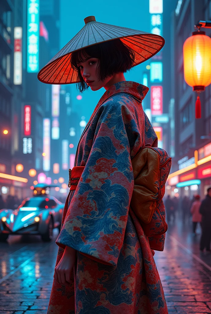 Japanese traditional clothing, Katsushika Hokusai Style, (cyber punk) (neon), Lantern, Western-style building, Steam car, Ukiyo-e