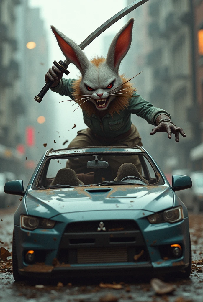 an angry half-rabbit half-human girl with a katana cutting a car in half