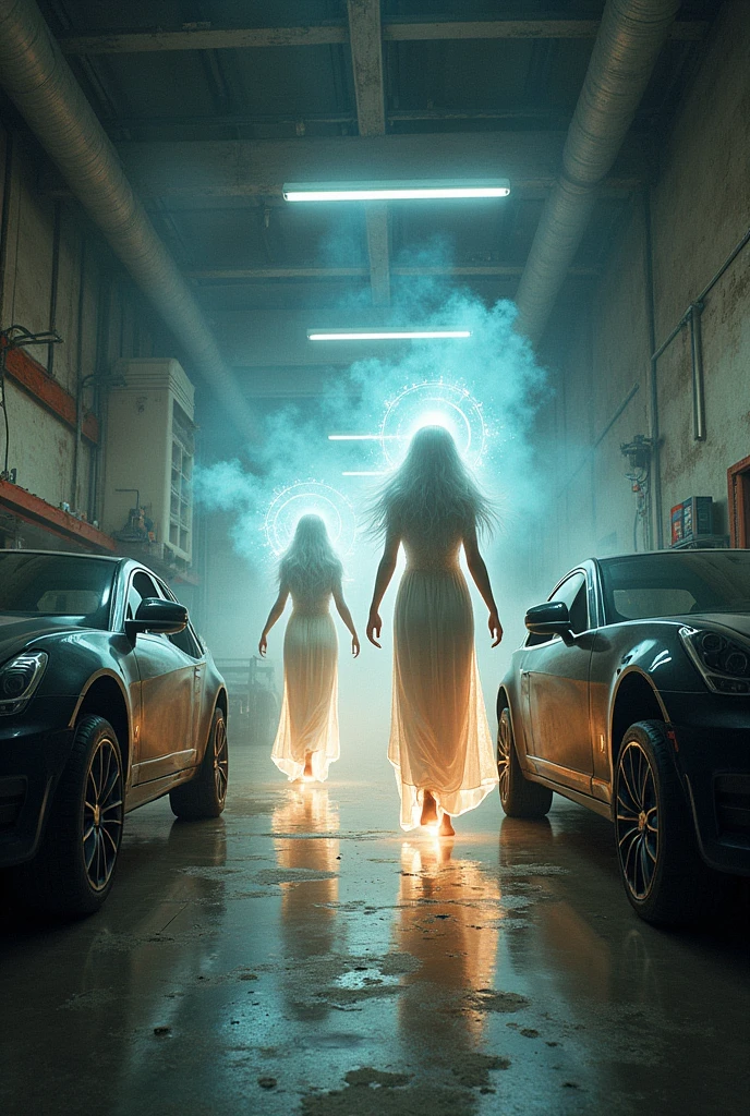 Cosmic beings in a tire shop changing car tires