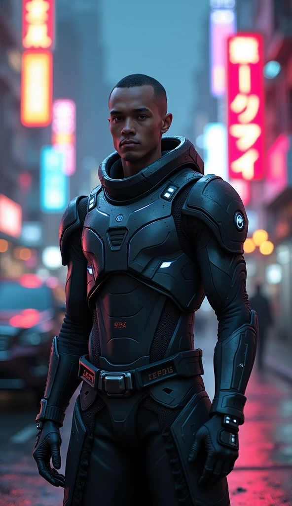 Keep the armor futuristic technology, but leave him without a helmet. I want it to be seen that he is a human person maintaining the futuristic work. Place it in a city with RTX neon highlights. The character must be in a greeting position. Make the image darker. 