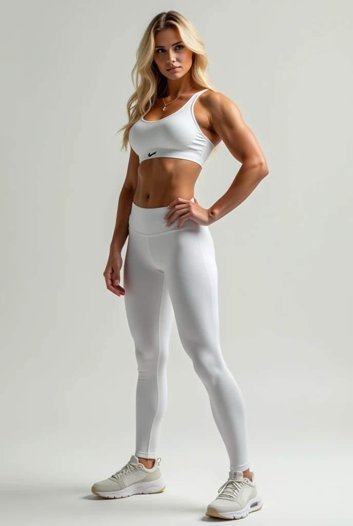 blonde girl, Bullish, fitness style , years of training this girl had an increase in her hips and legs, voluminous hips and legs, maintaining proportionality, standard body brazilian woman white leggings Nike Pro, fronto views, from front to camera, a mesma garota completamente from front to camera