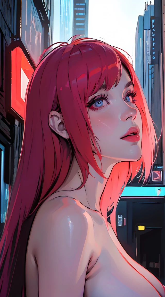 (best quality,4k,8k,highres,masterpiece:1.2), ultra-detailed, (realistic,photorealistic,photo-realistic:1.37), portraits, devil red eyes, gorgeous woman, cyberpunk background, futuristic, neon lights, smoky atmosphere, reflective surfaces, glowing tattoos, metallic elements, extravagant hairstyle, provocative fashion, seductive gaze, vibrant colors, dynamic pose, cityscape, urban chaos, technologically advanced, augmented reality, holographic projections, dystopian ambiance, skyscrapers, flying vehicles, rain-soaked streets, dark alleyways, bustling crowds, energetic and vibrant, mysterious aura, topless, pink puffy nipples, naked chest, gigantic tits, naked tits, neon red hair, full body view, arms up, full figure