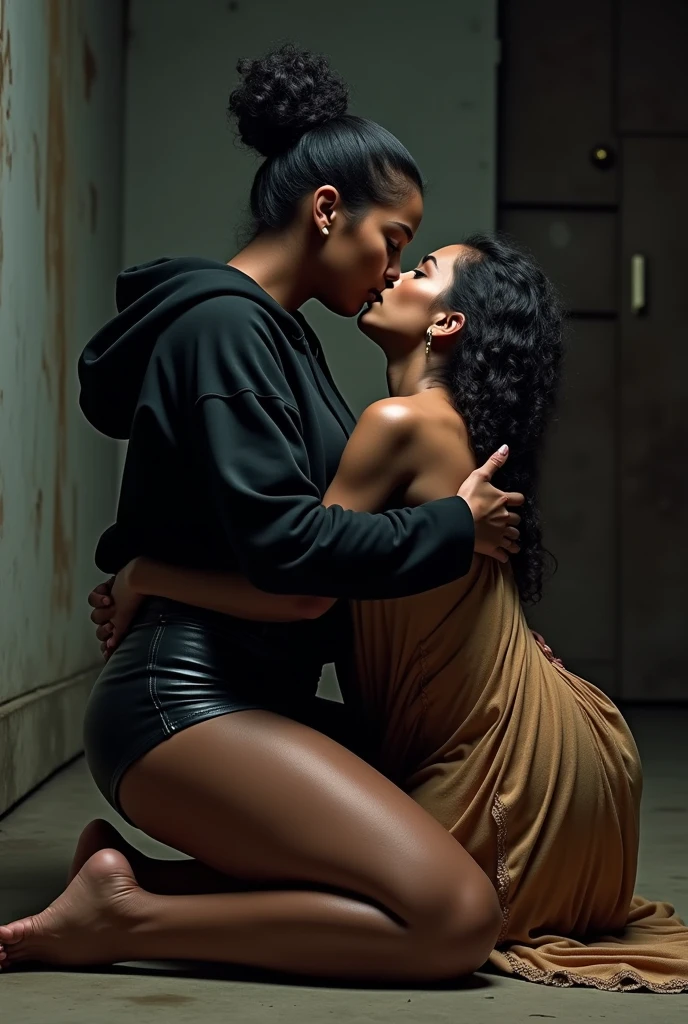 black woman hair in a bun black hoodie black leather short shorts a old grandma in a dress on her knees kissing her ass behind her squeezing her butt