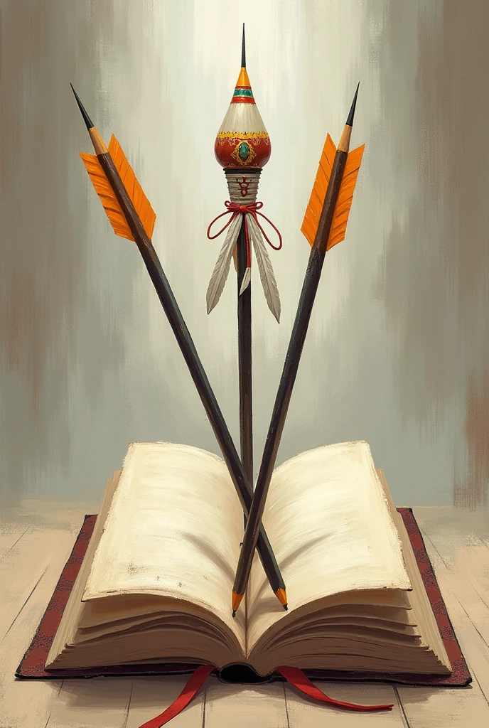 Two arrows with pencil tips crossed with a book in the middle and a headdress, all in a realistic 2D drawing, plus the book is bigger. 