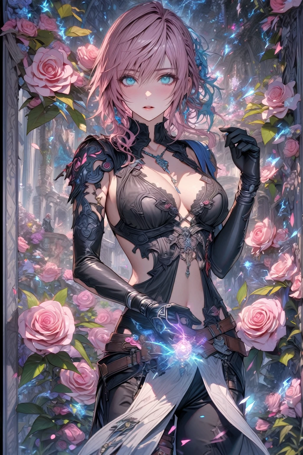 absurdres, highres, ultra detailed, HDR, master piece, Claire Farron, pink hair, short hair, expressive pale aqua eyes, black and white clothes, black long gloves, black pants, Final Fantasy XIII, woman, extremely beautiful, best quality, fantasy, magical, solo, sensual, Lightning Farron, pink roses, glittering