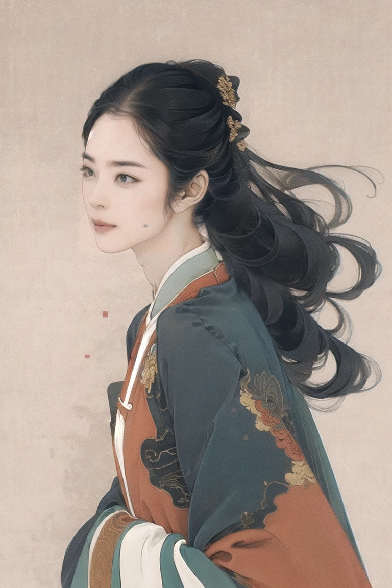 1 girl,origin,Cowboy Shooting,shut up, China dress, A faint smile,, Simple Background,
