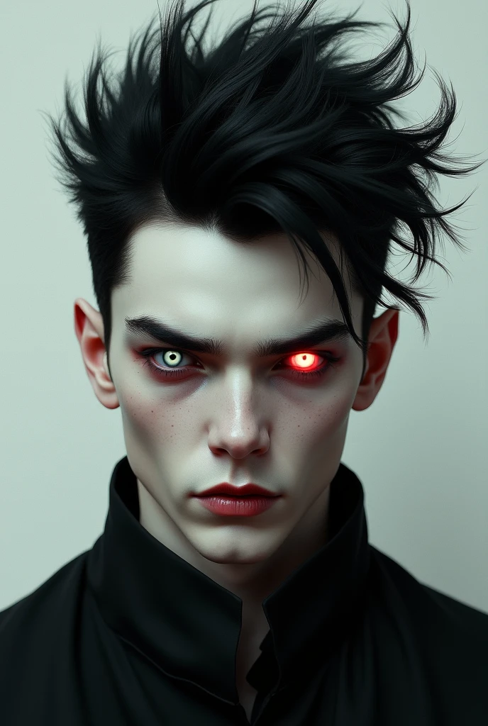 A young dark-haired man with spiky black hair and one white eye and one red eye
