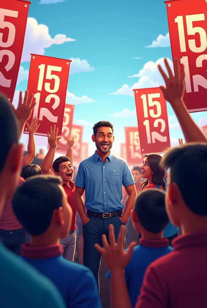 *"A vibrant and welcoming scene from a political campaign, with Anderson in the middle of a group of smiling and excited supporters. Anderson is in the spotlight, with a friendly and confident expression. The number &#39;15123&#39; is featured prominently on large, colorful banners, strategically placed around the group and also on supporters&#39; t-shirts. Make sure the number is clearly visible and centered across multiple visual elements to ensure your audience can easily identify it.."**