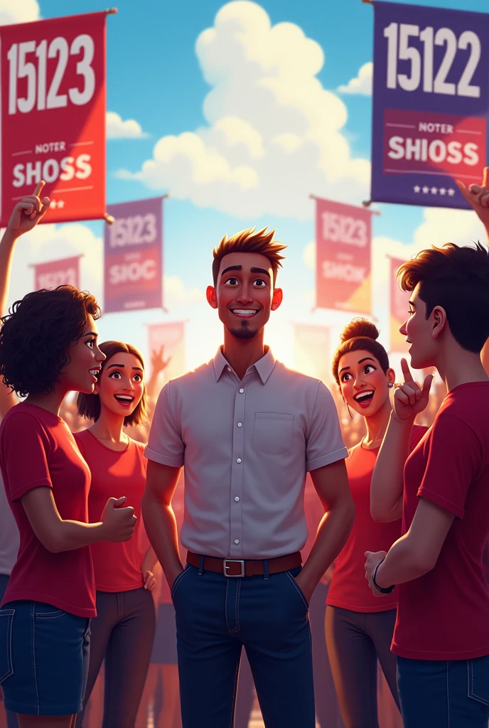 *"A vibrant and welcoming scene from a political campaign, with Anderson in the middle of a group of smiling and excited supporters. Anderson is in the spotlight, with a friendly and confident expression. The number '15123' is featured prominently on large, colorful banners, strategically placed around the group and also on supporters' t-shirts. Make sure the number is clearly visible and centered across multiple visual elements to ensure your audience can easily identify it.."**