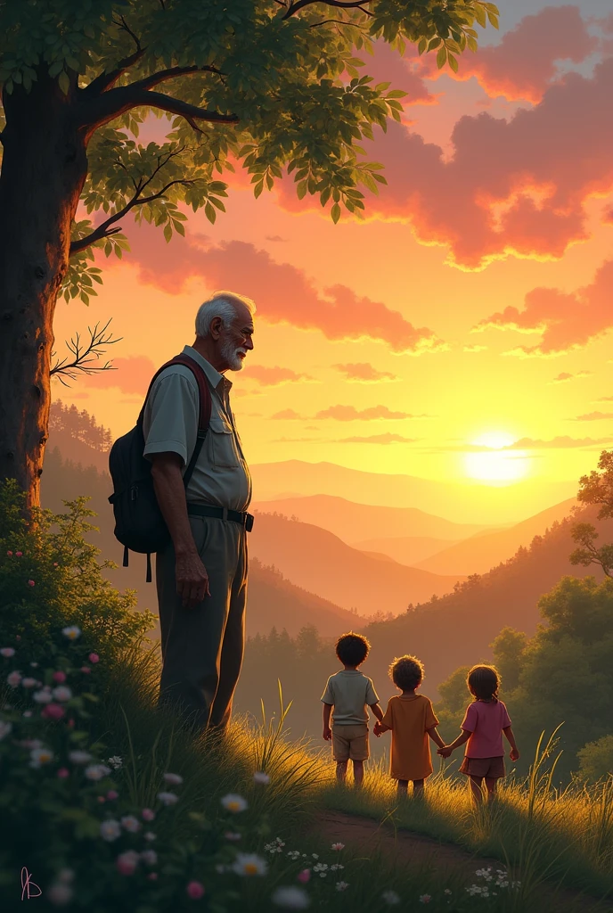 The children get up and start to return to their homes., while the old man is left alone in nature, watching the sunset