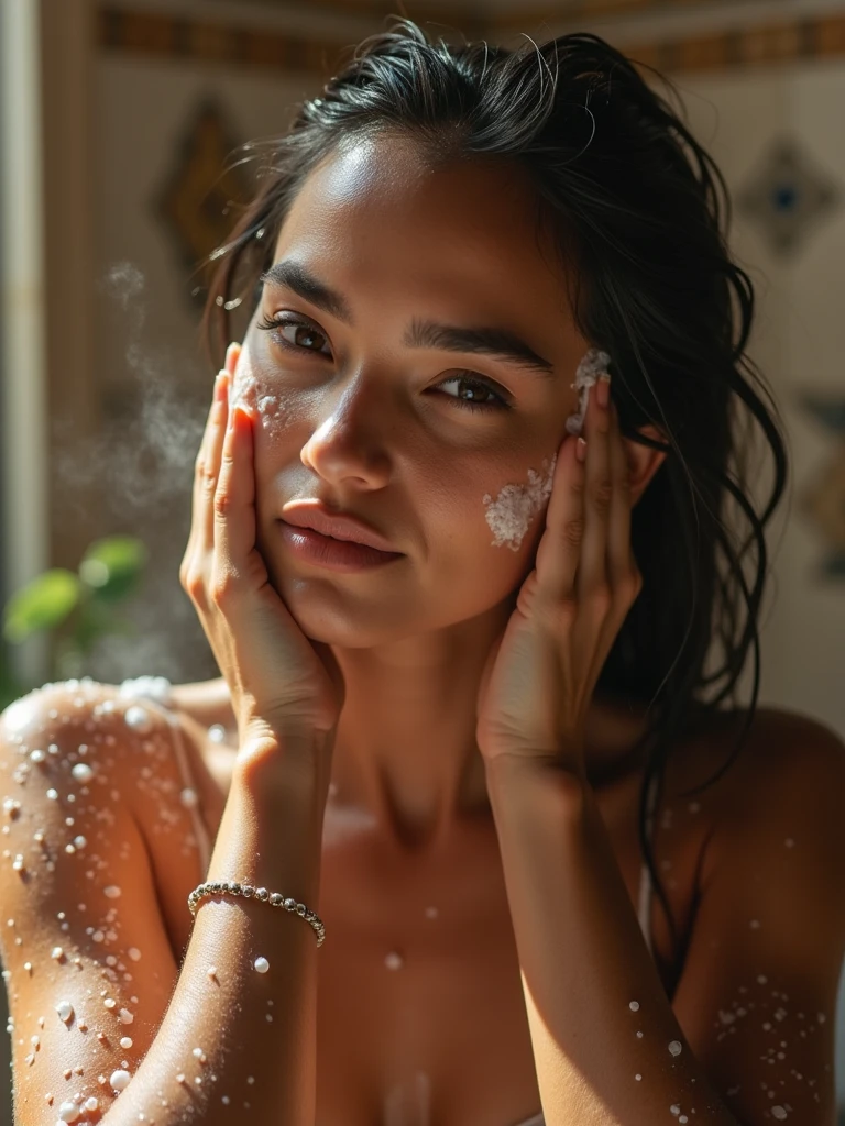 Close-up of beautiful indigenous woman washing her hair with shampoo, in a bathroom, decor, Ultra realistic image, Perfect quality, super detailed skin, Old City