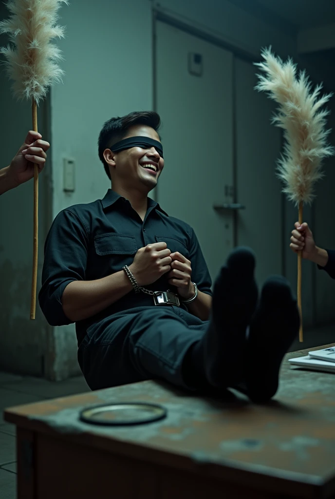 Malaysia malay handsome 19 years student
He laugh very hard
His hand handcuff in abondon warehouse
Blindfolded
handcuff
Black Work Outfit
feet on desk
feather duster on desk
Take off shoes on desk
Black sock
2 man holding feather duster