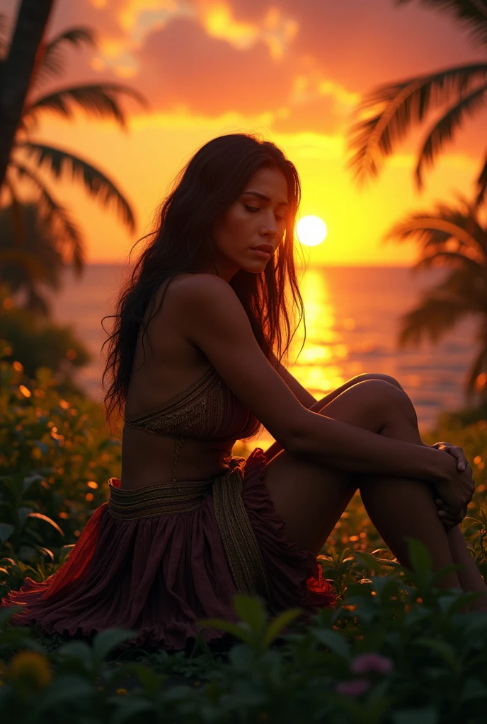 A beautiful Papua New Guinean woman sitting lonely and crying while the sun set