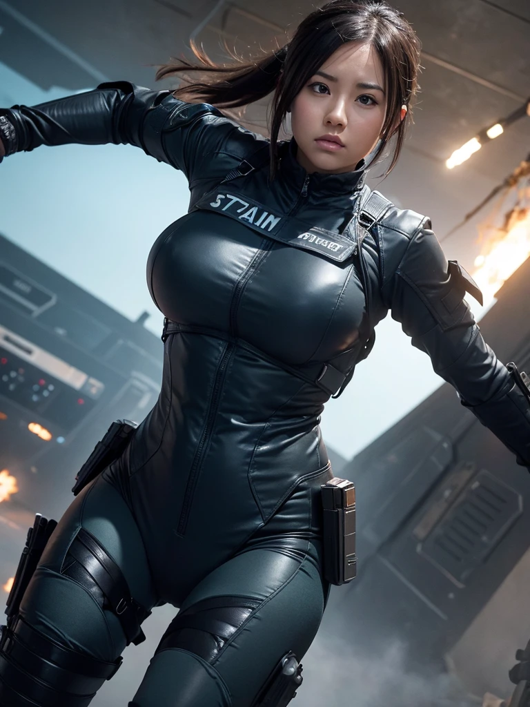 A woman in combat gear fighting aliens,Plump,Slightly thicker,
