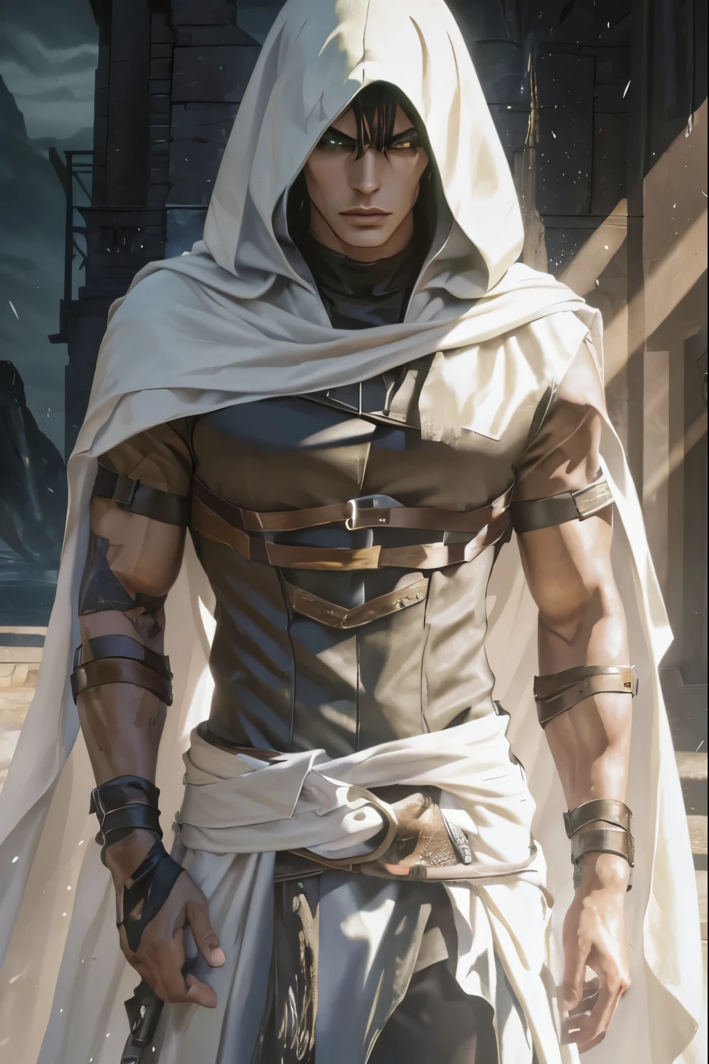 (an androgynous male assassin:1.1),wild black hair,green eyes,slim,black assassin clothing,in a castle,medium:oil painting,detailed background,moody lighting,vivid colors,dark and mysterious ambiance,ominous atmosphere