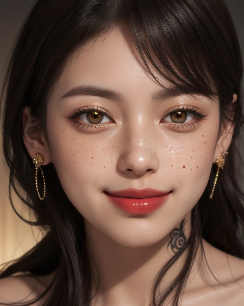 1 girl, Japanese, 4k, realistic, soft skin, texturized skin, long whavy black hair with bangs, shining brown eyes, red eyeliners, shining red lips, freckles, round gold earings, naked, tattoos, smile, closed mouth, soft lighting, portrait, face focus, close up, bright colors, looking directly to the viewer.