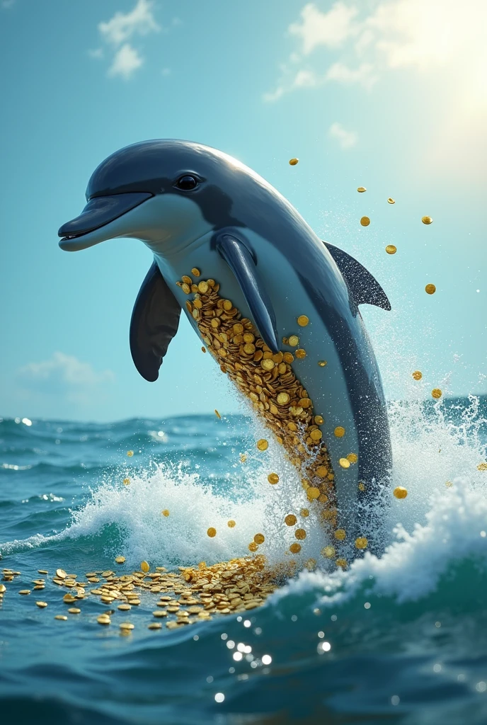 A dolphin jumping in the sea with gold coins in its belly