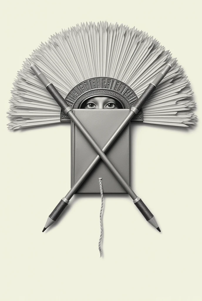 Two arrows with pencil tips crossed with a book in the middle and a large headdress, all in a realistic 2D drawing, plus the larger book.
