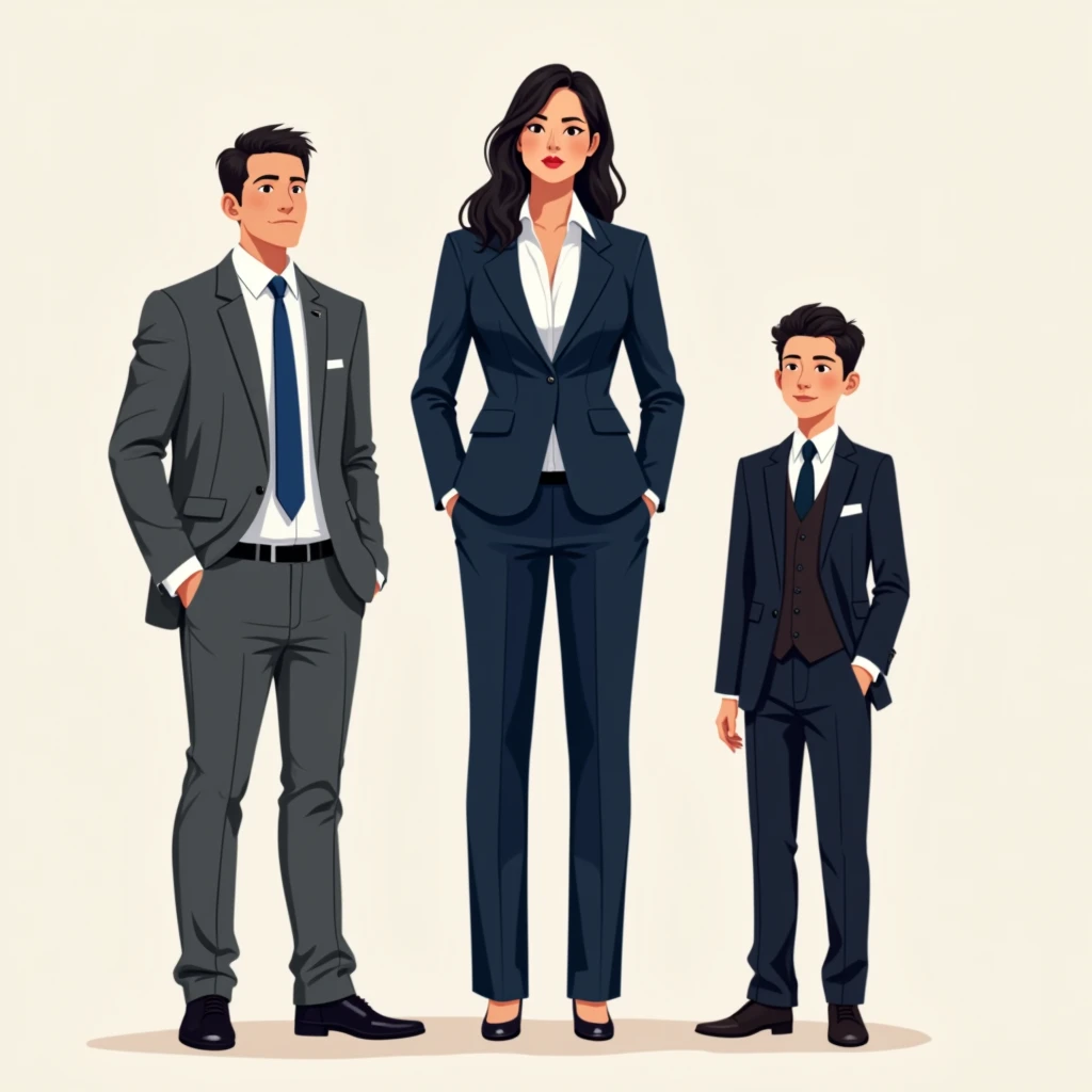 Create a hyper-realistic illustration of three individuals standing side by side. In the center is a woman who is 8 feet tall, wearing a navy blue business suit with a white shirt, standing straight and confident with her hands by her sides. To her left is a man who is 6 feet tall, wearing a gray business suit and a blue tie, standing straight with one hand in his pocket. To her right is a young boy who is 4 feet tall, dressed in a black suit with a vest and tie, standing with his hands in his pockets. The image should emphasize the significant height differences and the professional attire of each person, capturing a formal and poised tone.