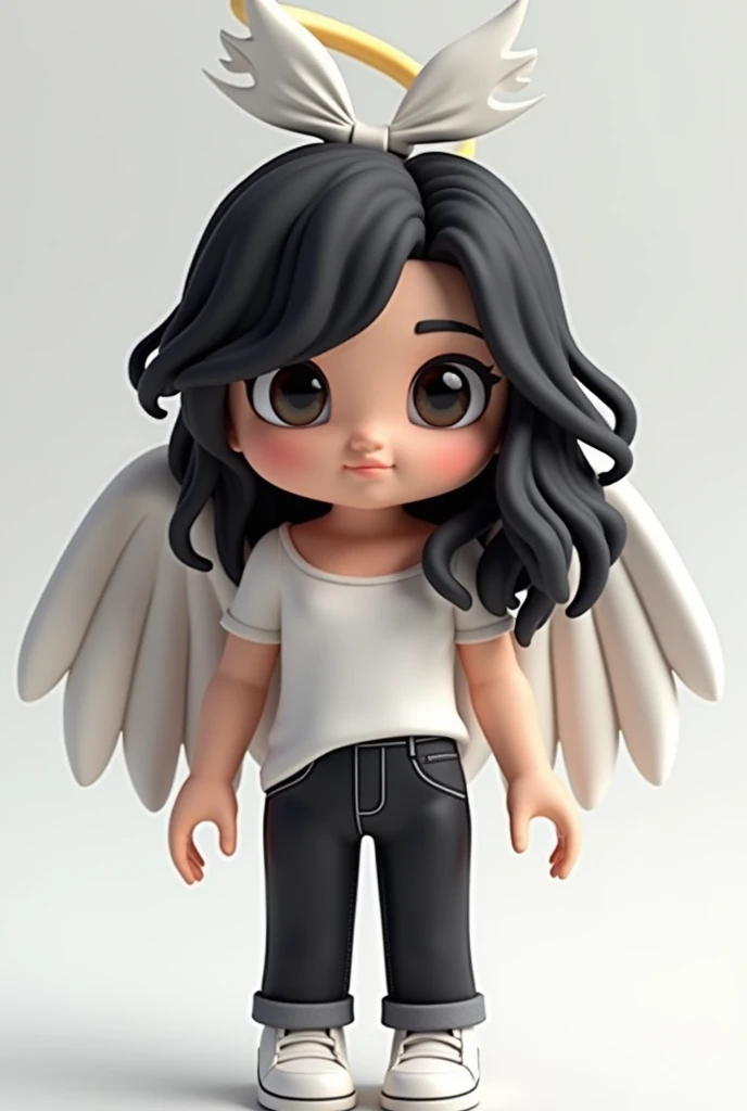 A character with white clothes with black jeans black and white hair a little straight and a little curly angel bow on the head Black 3D character from the game Roblox